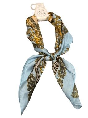 Sunday State Satin Light Blue and Gold Printed Multi Use Scarf